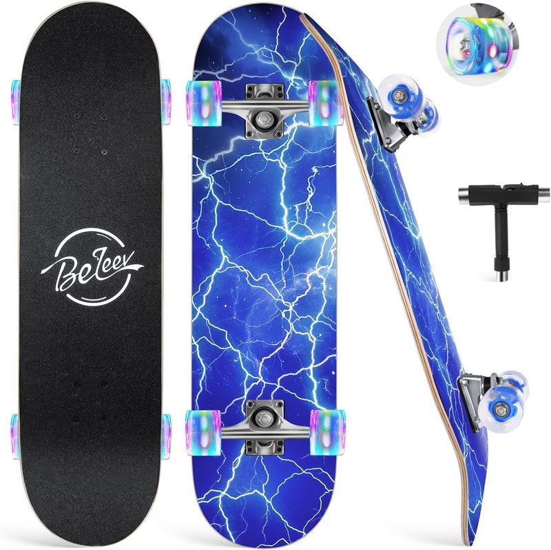 BELEEV Skateboards for Beginners, 31 x 8 inch Complete Skateboard for Kids Teens Adults, 7 Layer Canadian Maple Double Kick Deck Concave Cruiser Trick Skateboard with Multifunction Skate T-Tool - Image 1